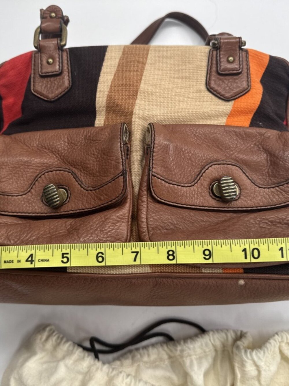 Cole Haan Striped Handbag Brown Leather Canvas Shoulder Aztec Double Handle Boho - Picture 4 of 12